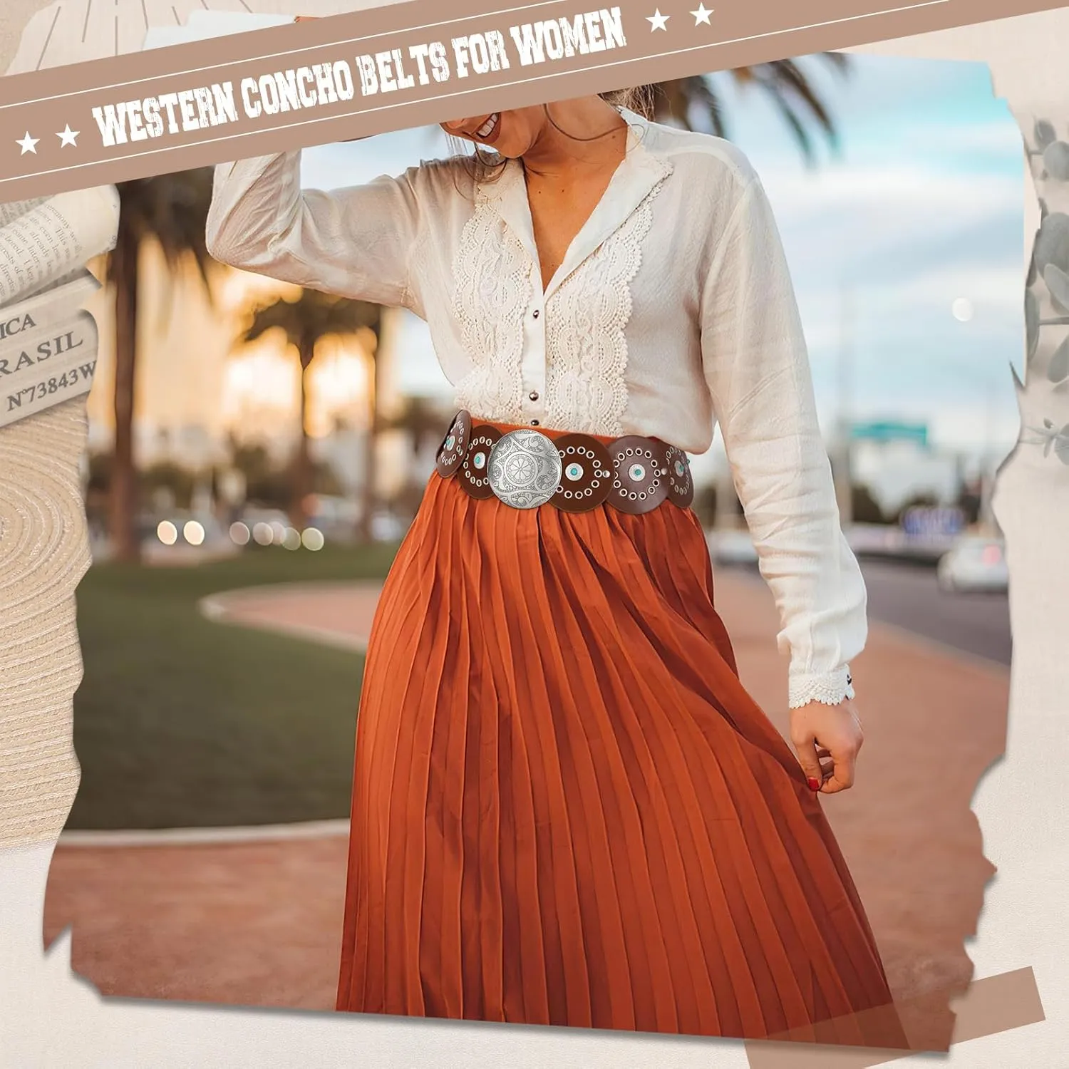 XZQTIVE Western PU Leather Belts for Woman Concho Cowgirl Cowboy Disc Belt for Ladies Wide Boho Country Waist Belts for Dress