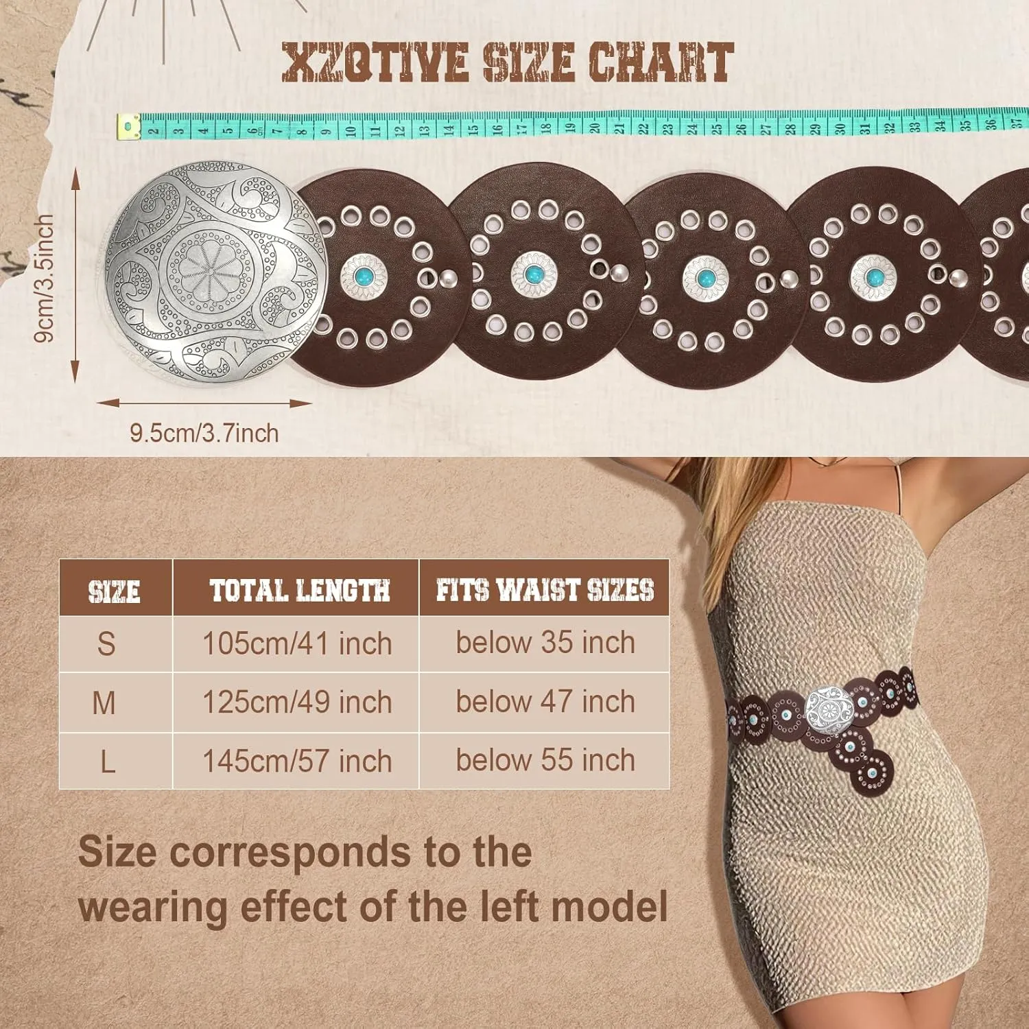 XZQTIVE Western PU Leather Belts for Woman Concho Cowgirl Cowboy Disc Belt for Ladies Wide Boho Country Waist Belts for Dress