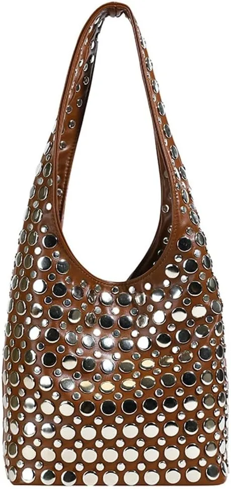 Y2k 90s Crescent Hobo Bags Women Studded PU Leather Shoulder Crossbody Purse Trendy Punk Underarm Satchels Bag Tote Handbag