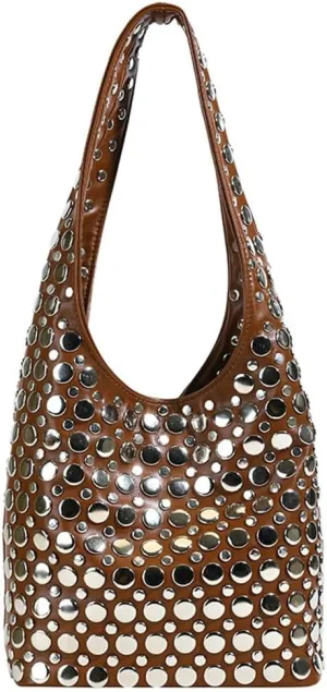 Y2k 90s Crescent Hobo Bags Women Studded PU Leather Shoulder Crossbody Purse Trendy Punk Underarm Satchels Bag Tote Handbag
