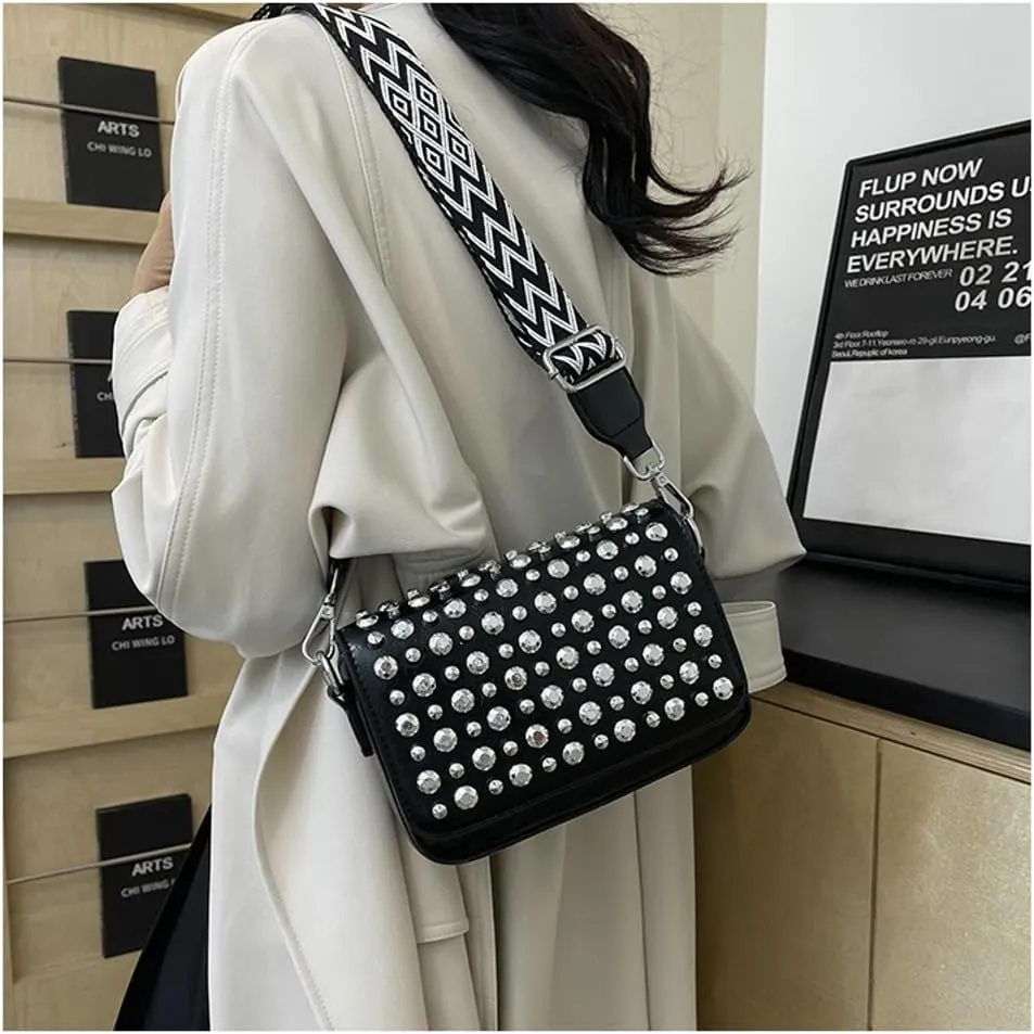 Y2k Crescent Crossbody Purse Women 90s Studded PU Leather Shoulder Satchels Hobo Bags Trendy Punk Underarm Tote Handbag