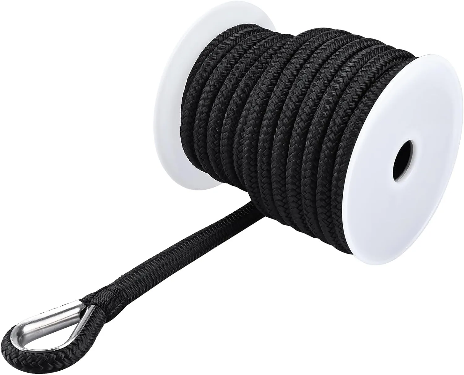 YaeMarine Double Braid Nylon Anchor Line Anchor Rope Marine Rope Black 3/8" x 150 ft with Stainless Steel Thimble