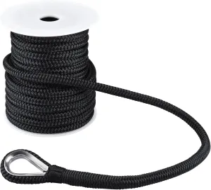 YaeMarine Double Braid Nylon Anchor Line Anchor Rope Marine Rope Black 3/8" x 150 ft with Stainless Steel Thimble