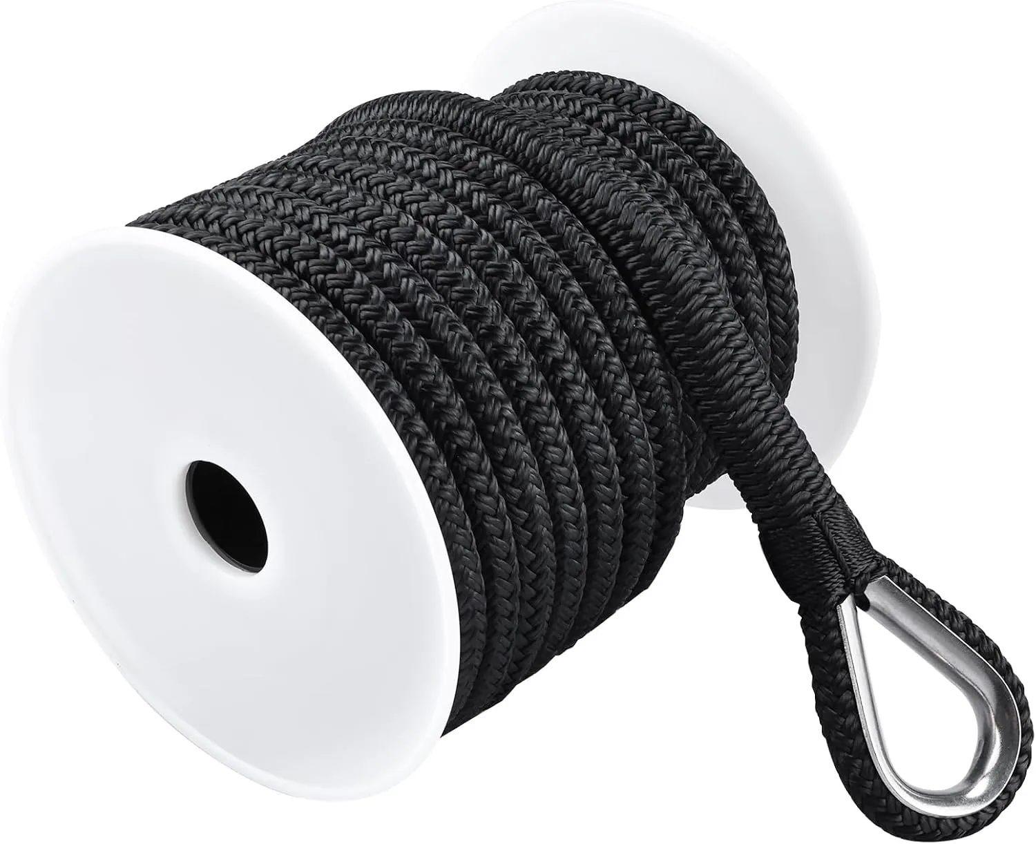 YaeMarine Double Braid Nylon Anchor Line Anchor Rope Marine Rope Black 3/8" x 150 ft with Stainless Steel Thimble