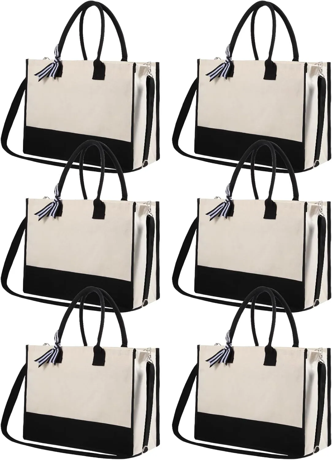 Yeload Canvas Tote Bags With Handles and Shoulder Strap - 6 Black and White Blank Sublimation Bags for Women, Bridesmaids, and Daily Use - Bulk Zipper Totes for DIY Crafts and Gifts