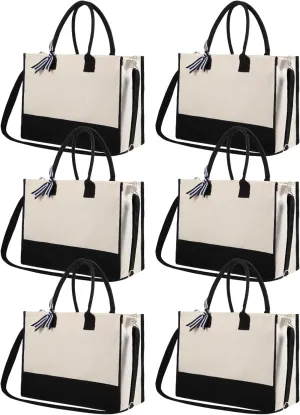 Yeload Canvas Tote Bags With Handles and Shoulder Strap - 6 Black and White Blank Sublimation Bags for Women, Bridesmaids, and Daily Use - Bulk Zipper Totes for DIY Crafts and Gifts
