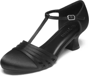 YESSA 1920s Shoes for Women Leather/Satin Ballroom Dance Shoes,T-Strap Character Shoes,2"/2.5" Dancing Pumps for Latin Salsa