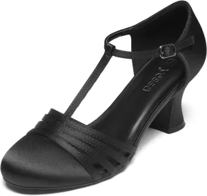 YESSA 1920s Shoes for Women Leather/Satin Ballroom Dance Shoes,T-Strap Character Shoes,2"/2.5" Dancing Pumps for Latin Salsa