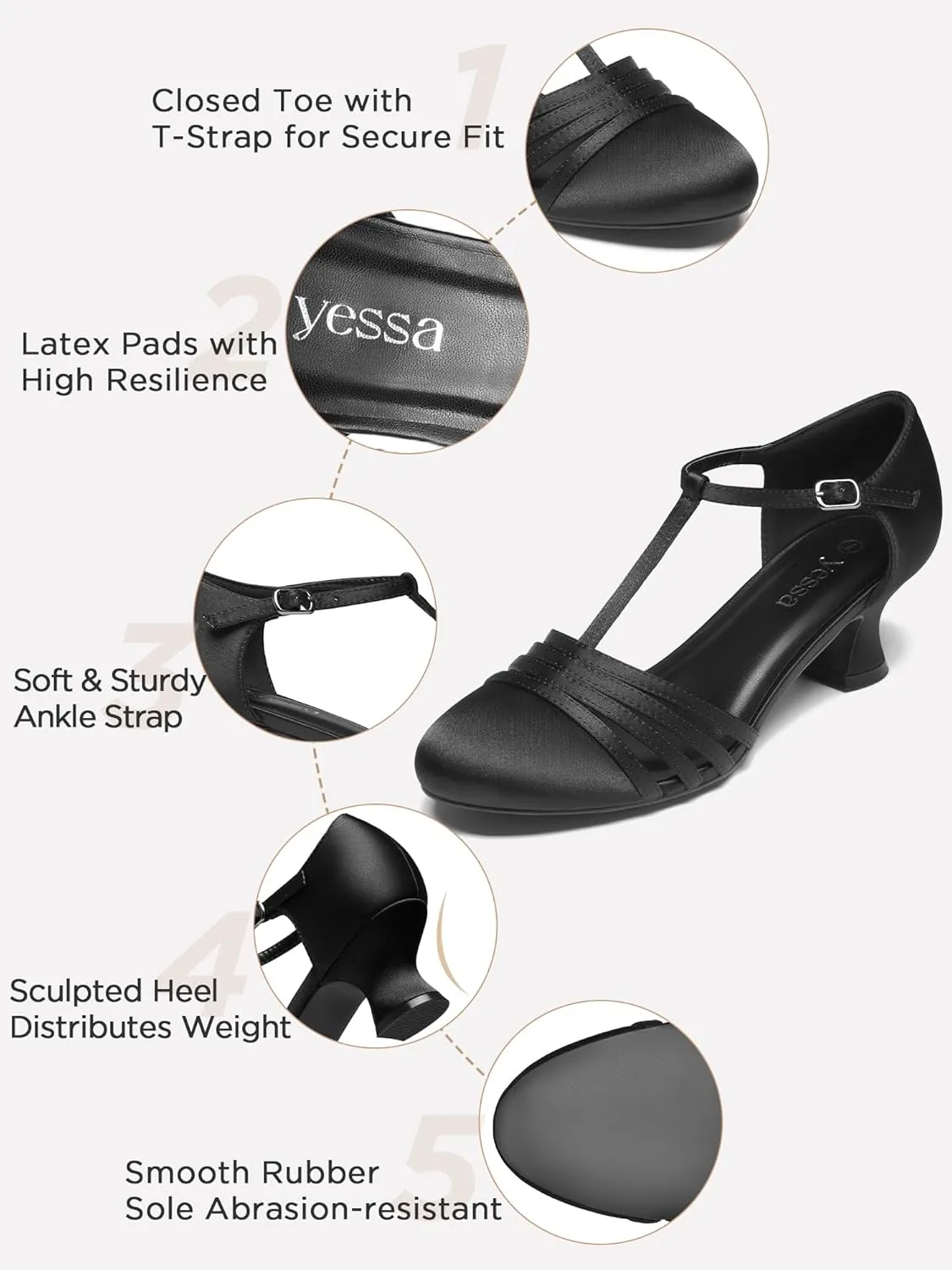 YESSA 1920s Shoes for Women Leather/Satin Ballroom Dance Shoes,T-Strap Character Shoes,2"/2.5" Dancing Pumps for Latin Salsa