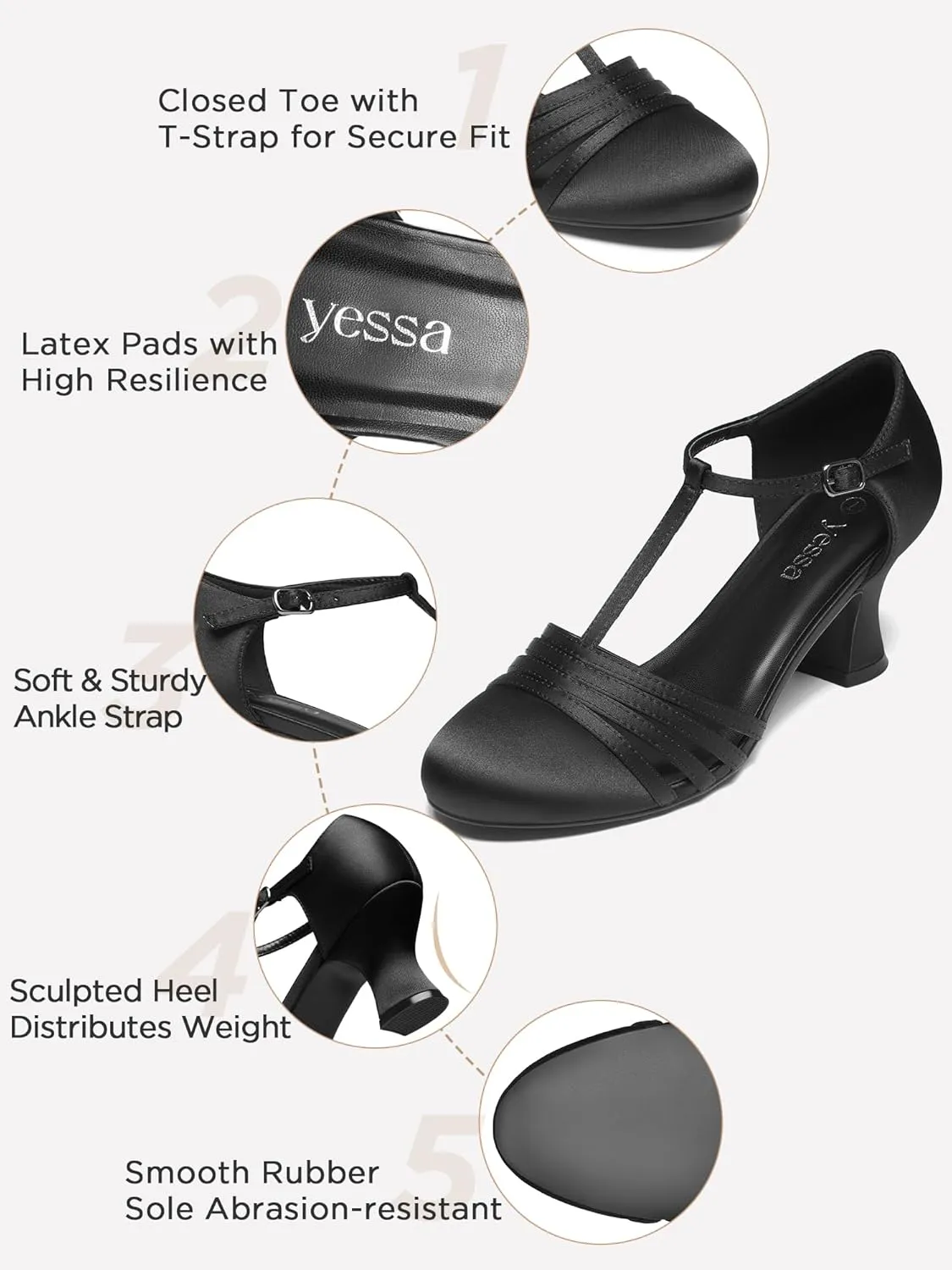 YESSA 1920s Shoes for Women Leather/Satin Ballroom Dance Shoes,T-Strap Character Shoes,2"/2.5" Dancing Pumps for Latin Salsa