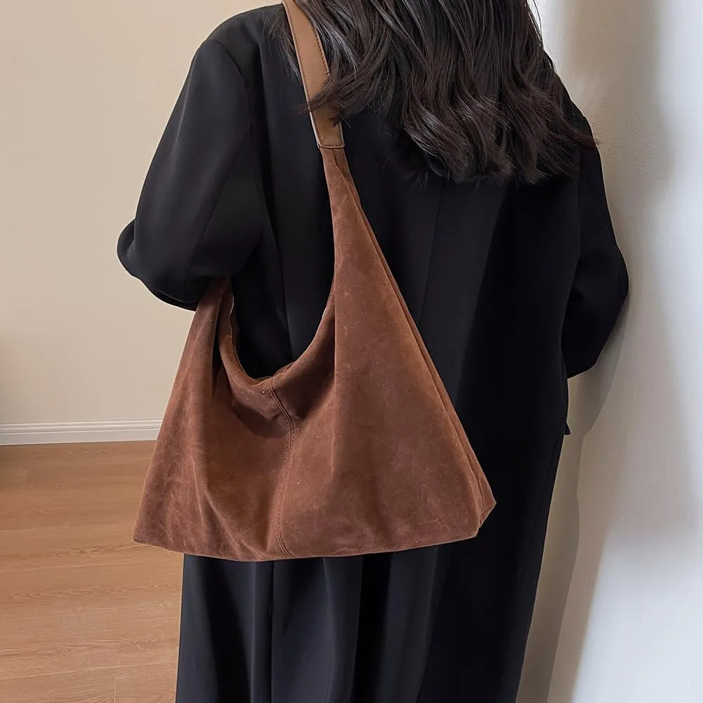 YFGBCX Suede Bag Brown Tote Bags for Women Suede Purse Fall Crescent Bag Slouchy Hobo Handbag
