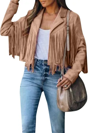 YMING Womens Faux Suede Tassel Cropped Jacket Long Sleeve Fringe Coat Vintage Motorcycle Jackets