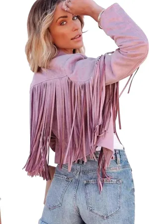 YMING Womens Faux Suede Tassel Cropped Jacket Long Sleeve Fringe Coat Vintage Motorcycle Jackets