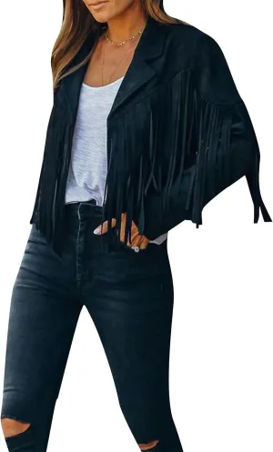 YMING Womens Faux Suede Tassel Cropped Jacket Long Sleeve Fringe Coat Vintage Motorcycle Jackets