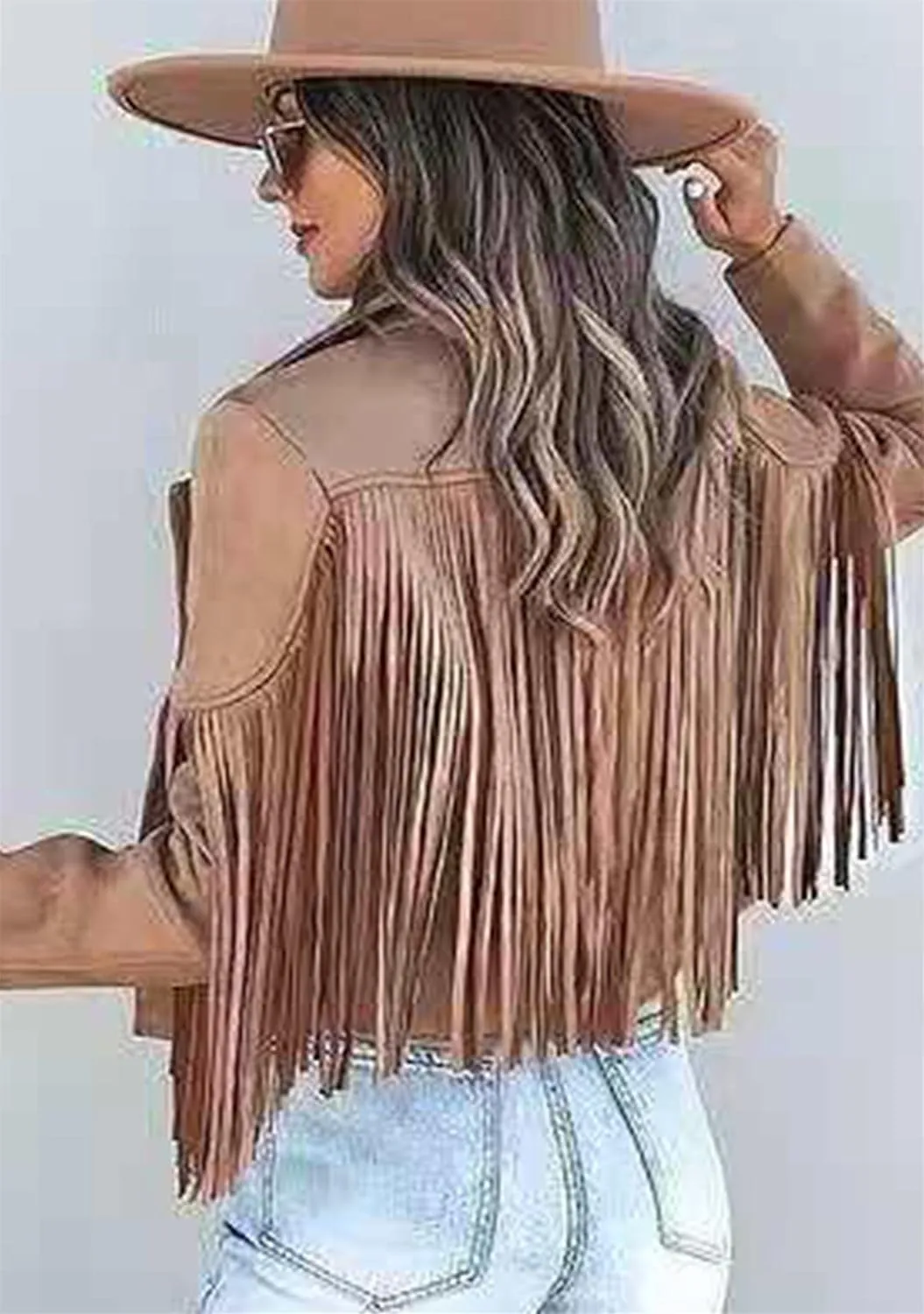 YMING Womens Faux Suede Tassel Cropped Jacket Long Sleeve Fringe Coat Vintage Motorcycle Jackets