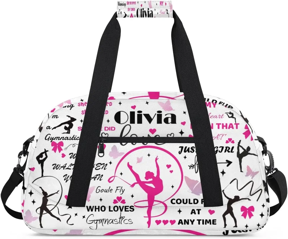 Yzrwebo Personalized Gymnastics Bag with Name for Women, Custom Gymnastics Gym Duffel Bag, Customized Sport Bag Travel Weekender Overnight Bags, White