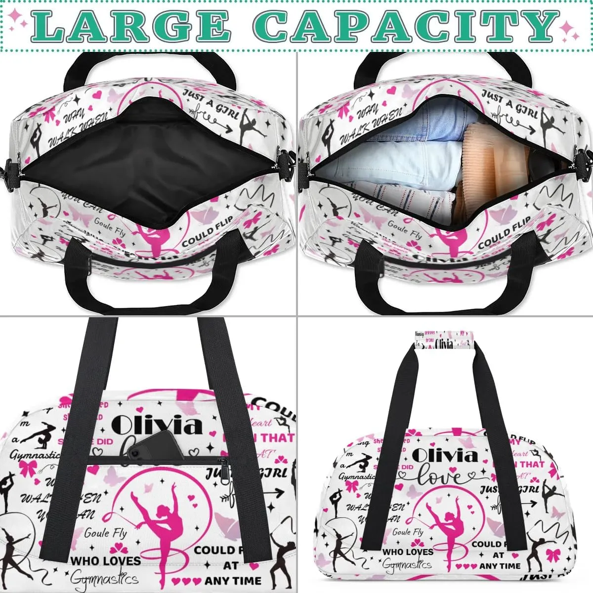 Yzrwebo Personalized Gymnastics Bag with Name for Women, Custom Gymnastics Gym Duffel Bag, Customized Sport Bag Travel Weekender Overnight Bags, White