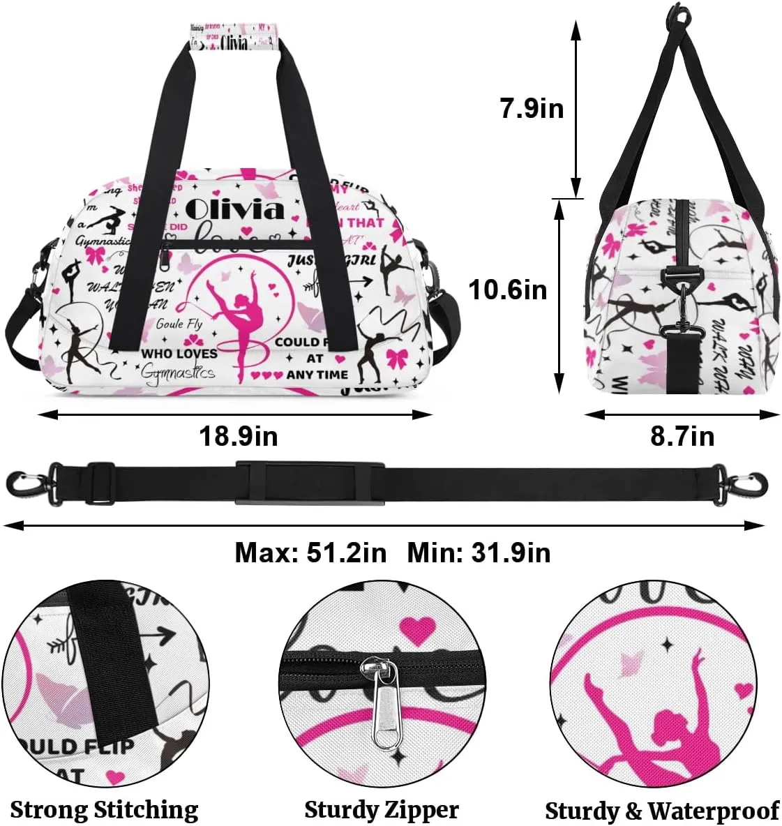 Yzrwebo Personalized Gymnastics Bag with Name for Women, Custom Gymnastics Gym Duffel Bag, Customized Sport Bag Travel Weekender Overnight Bags, White