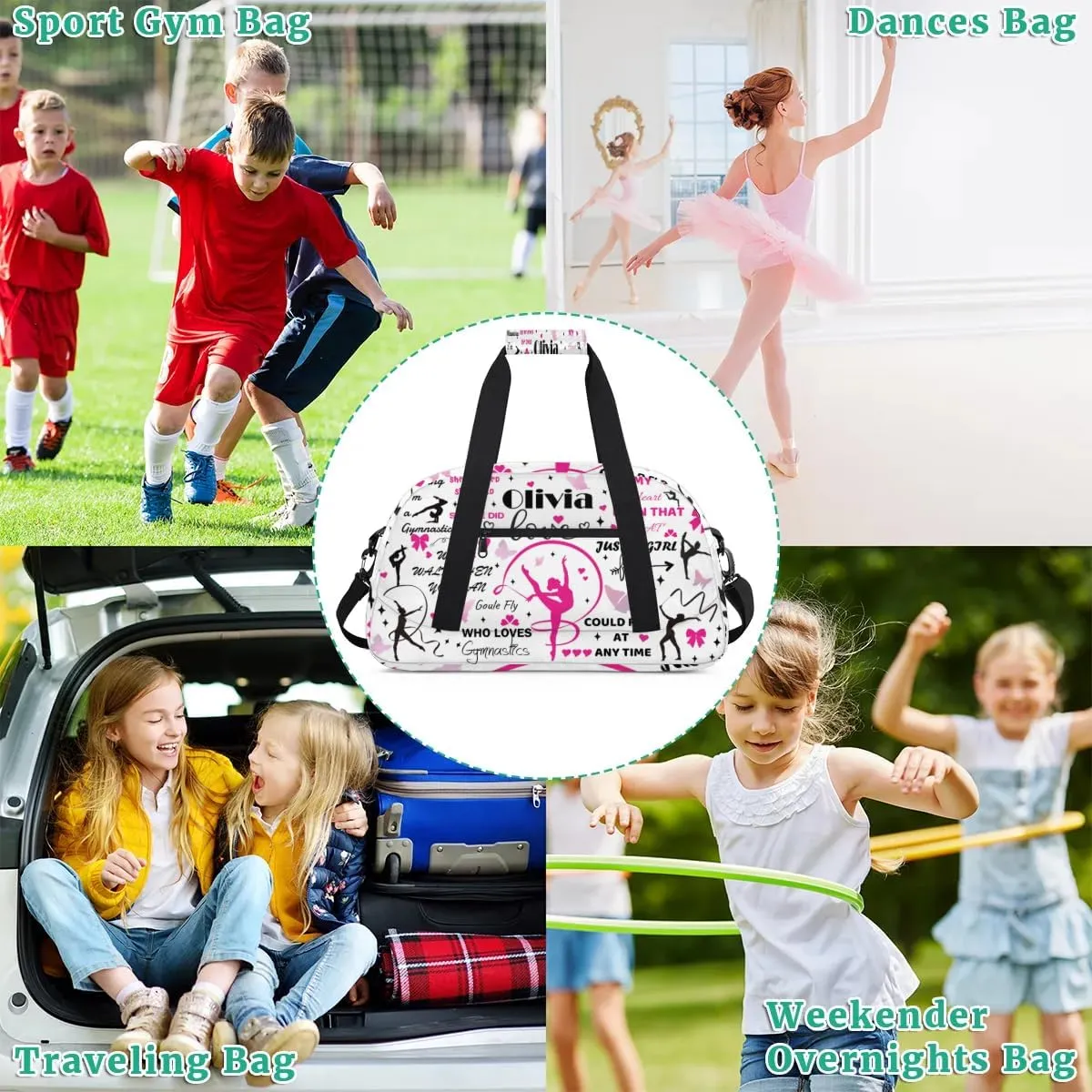 Yzrwebo Personalized Gymnastics Bag with Name for Women, Custom Gymnastics Gym Duffel Bag, Customized Sport Bag Travel Weekender Overnight Bags, White