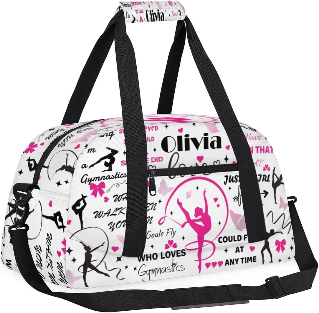 Yzrwebo Personalized Gymnastics Bag with Name for Women, Custom Gymnastics Gym Duffel Bag, Customized Sport Bag Travel Weekender Overnight Bags, White