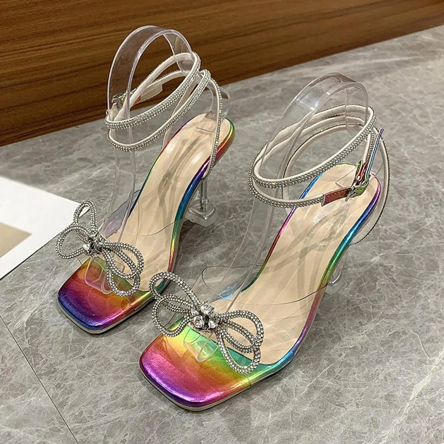 ZBYY Woman Heeled Sandals,Square Toe High Heels Stilettos Triangle Heel Gladiator Sandal Rhinestones Dress Summer Shoes