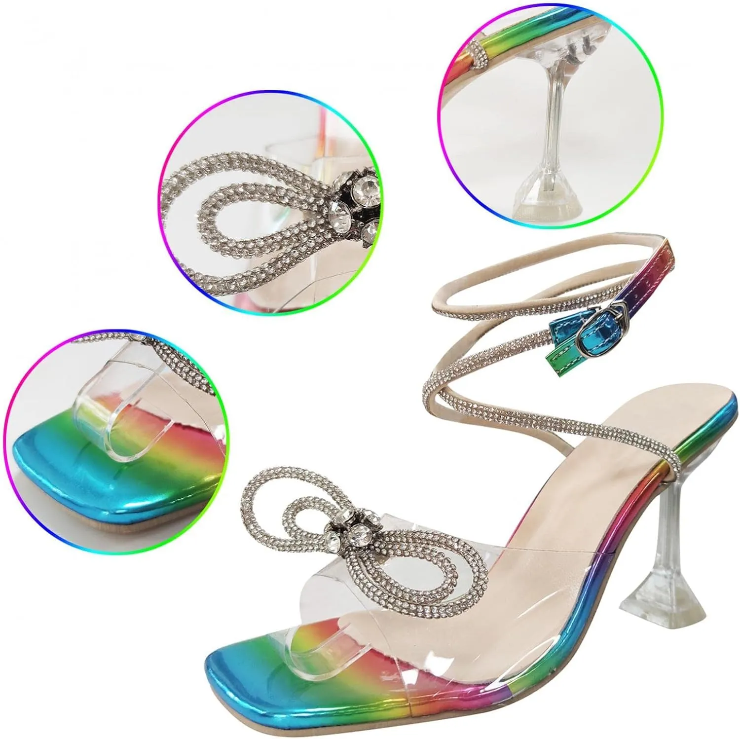 ZBYY Woman Heeled Sandals,Square Toe High Heels Stilettos Triangle Heel Gladiator Sandal Rhinestones Dress Summer Shoes
