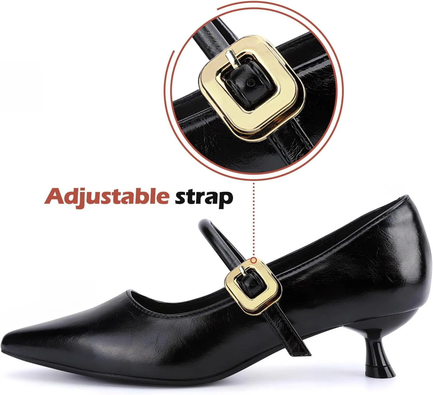 Zelaprox Womens Kitten Heel Mary Jane Shoes Adjustable Buckle Strap Black Closed Pointed Toe Low Kitty Heels Comfortable Classy Dress Vintage Pumps