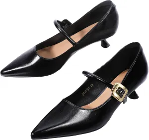Zelaprox Womens Kitten Heel Mary Jane Shoes Adjustable Buckle Strap Black Closed Pointed Toe Low Kitty Heels Comfortable Classy Dress Vintage Pumps