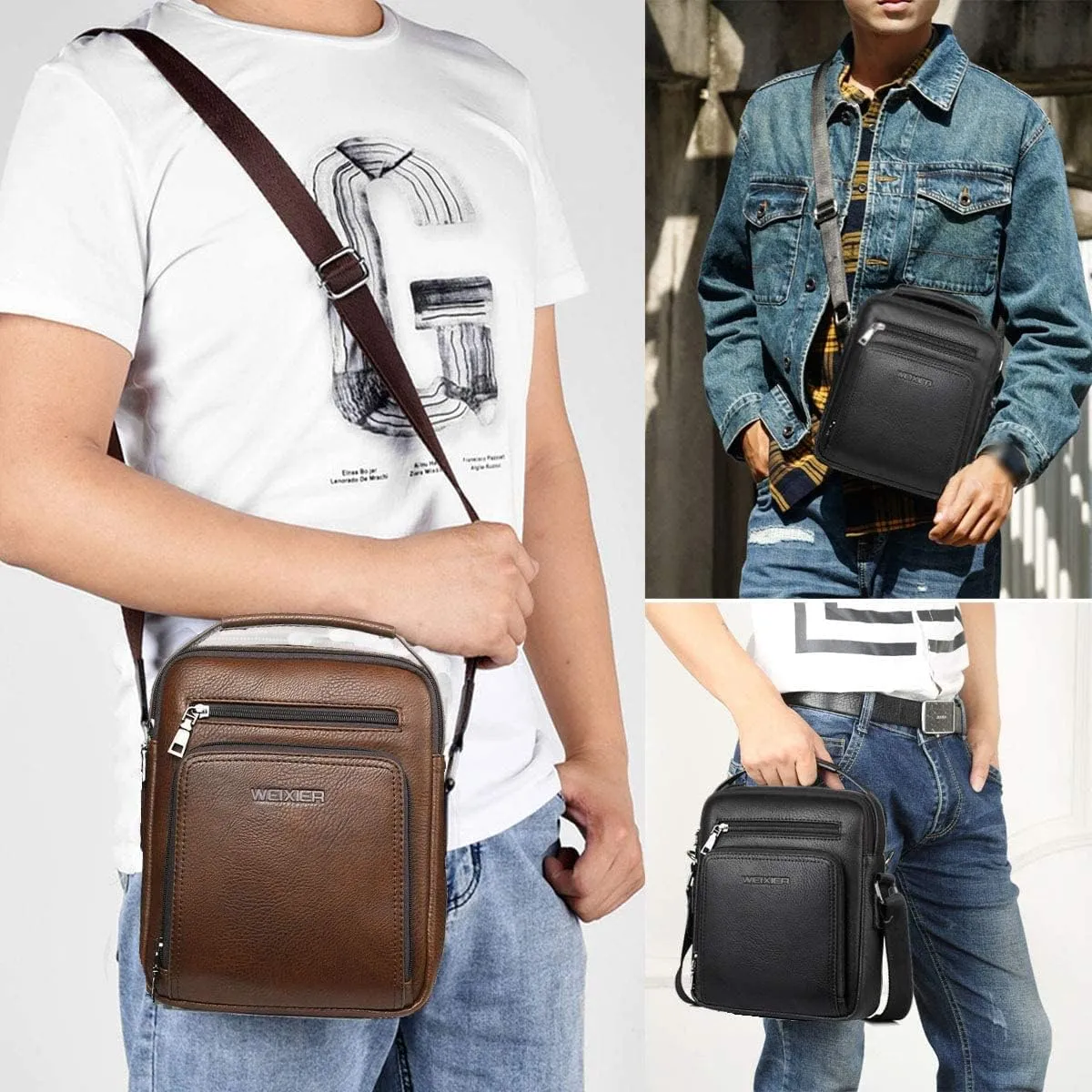 Zipper Buckle Leather Messenger Bag Crossbody Shoulder Bag Vintage Handle Bags