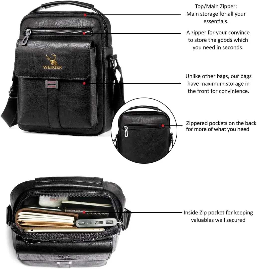 Zipper Buckle Leather Messenger Bag Crossbody Shoulder Bag Vintage Handle Bags