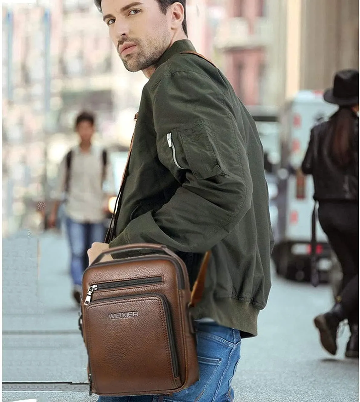 Zipper Buckle Leather Messenger Bag Crossbody Shoulder Bag Vintage Handle Bags