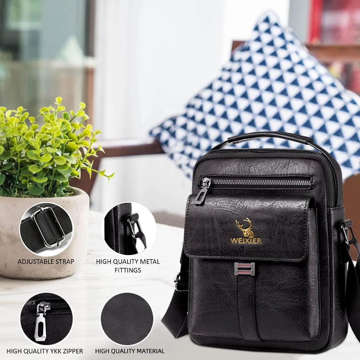 Zipper Buckle Leather Messenger Bag Crossbody Shoulder Bag Vintage Handle Bags