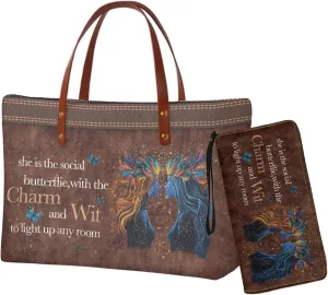 Zodiac Print Purse and Wallet Set for Women Lady, Large Tote Bag Top Handle Purse with Leather Wallet for Travel Date