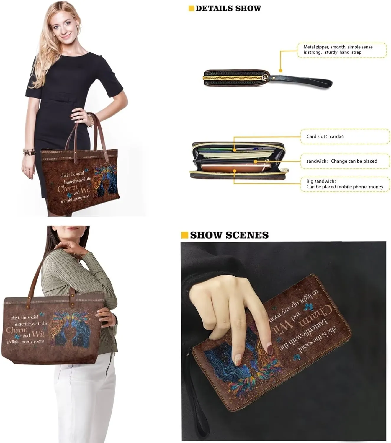 Zodiac Print Purse and Wallet Set for Women Lady, Large Tote Bag Top Handle Purse with Leather Wallet for Travel Date